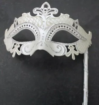 Silver White Rialto Venetian Carnival Masquerade Party Eye Ball Mask On A Stick • £13.99