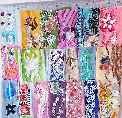 VERY RARE LOT Vintage Sari TRIM LACE 20 Pc BEADS SEQUINs PASTEL 3 To5  C72 A17 • $26.31