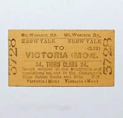 £10 • Buy GWR, Ebbw Vale To Victoria (Mon), 3rd Class Railway Ticket. 