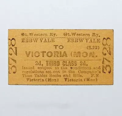 £10 • Buy GWR, Ebbw Vale To Victoria (Mon), 3rd Class Railway Ticket. 