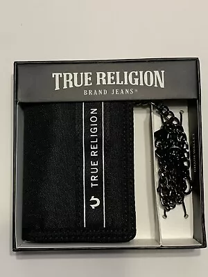 TRUE RELIGION Men's Black Nylon Tri Fold Wallet With Chain-Link & Hook TR201023 • $19.99