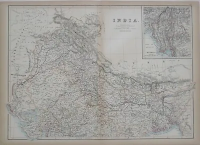 Original 1890 Map NORTH INDIA Delhi Agra Nepal Calcutta Bhopal Himalaya Mandalay • $39.99