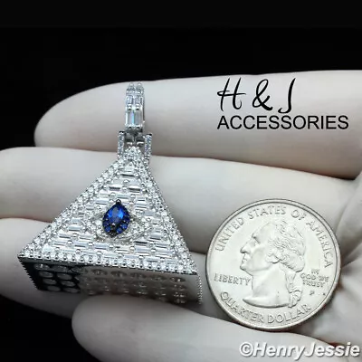 Men Solid 925 Sterling Silver Icy Bling Cz Blue Eye 3d Pyramid Pendant*asp312 • $69.99