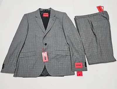 HUGO BOSS Mens 40R Jacket 34R Pants Regular Fit Grey Plaid  2 Piece Suit Wool • $249.99