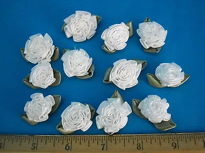 White Satin Ribbon Cabbage Rose With Leafs Appliques Lot Of 12 Roses 1  Diameter • $3.54