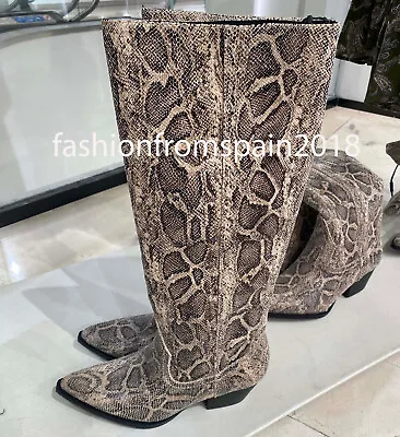 Zara New Woman Knee-high Snakeskin Print Cowboy Boots 3004/310 • $88.88