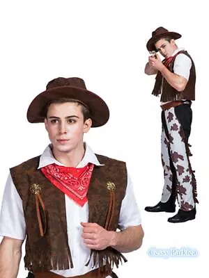 WN2-3 Teenages Mens Cowboy Western Fancy Dress  Stag Party Sheriff Rodeo Costume • £17.34