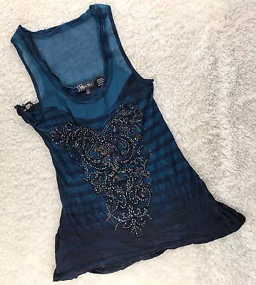 Miss Me Teal Black Stripe Ombre Tank Top SIZE M Rhinestone Scroll Design (D1) • $11.10