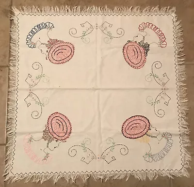 $25 • Buy Vintage Hand Embroidered & Applique Small Fringed Tablecloth~Ladies W/Bonnets