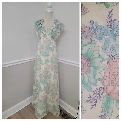 Vintage 1970's Maxi Dress Empire Waist Pastel Floral Hostess Dress/Gauze  • $39.99