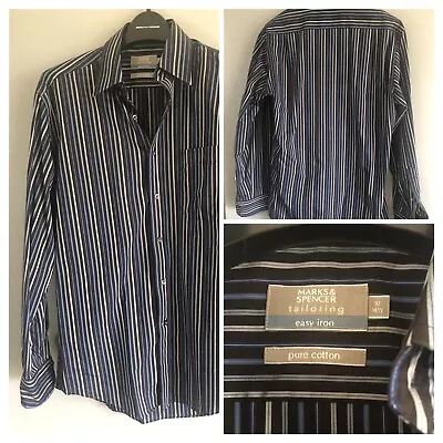 Men M&S Shirt Long Sleeve  Formal Striped Pure Cotton Easy Iron -size 37-14 1/2 • £8.90