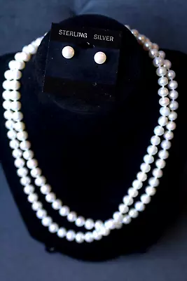 7.5-8mm 36 Inch AAA  Cultured Pearl  Necklace/Studs Set Sterling  NWOT • $29.95