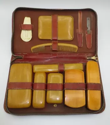 VINTAGE BOYLE MEN'S CELLULOID TRAVEL TOILETRY GROOMING KIT In LEATHER CASE • $51
