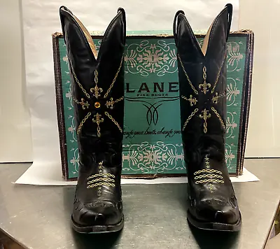 Womens Lane Boots Embroidered Black Gold Fleur-de-lis Leather Western Cowgirl 11 • $99.99