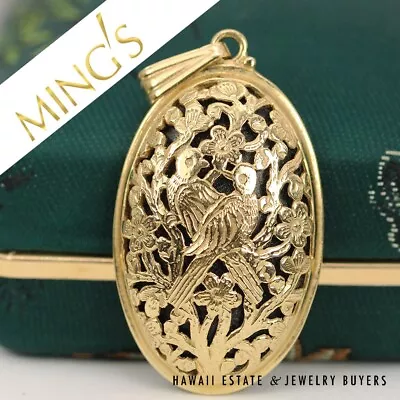 Ming's Hawaii Onyx Bird In Plum 14K Yellow Gold Oval Pendant W/ Box • $1900