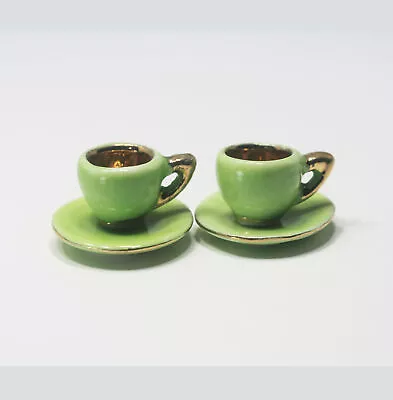 Dollhouse Miniature Set Of 2 Apple Green Tea Cups With Saucers In Ceramic • $3.99