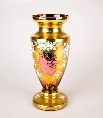 Czech Bohemian Cranberry Red Glass Hand Painted Enamel & Gold Vase 12  Vintage • $99.95