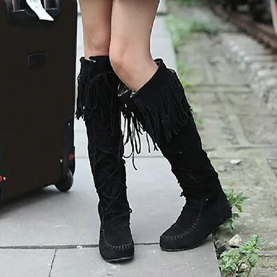 Moccasin Style Riding Cord Lace-Up Boots Womens Flats Fringe Knee High Boots • $55.30