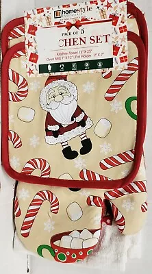 5 Pc SET: 2 POT HOLDERS 1 OVEN MITT & 2 TOWELSCHRISTMASSANTA & CANDY CANESHS • $14.99