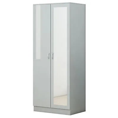 Grey Gloss 2 Door Wardrobe With Mirror Matt Frame Rail & Shelf • £159.99