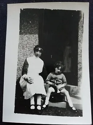 VINTAGE PHOTO SNAP ~ Boy On Doorstep With Nurse. C1930s. 9 X 6.5cm  • $1.87