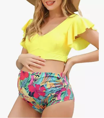 MAACIE Women's Bright Yellow Floral Maternity Two-Piece Bikini Swimsuit Sz Large • $16.99