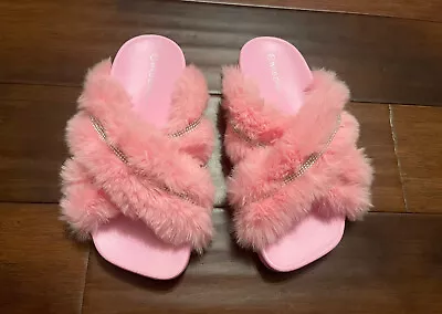 Pink Slides Cross Fluffy Flat Sandals Women Wild Diva Fur Slippers Sz 7. • $16