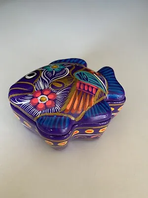 Mexican Clay Pottery Folk Art Purple Fish Hand Painted Trinket Jewelry Box E30 • $13.38