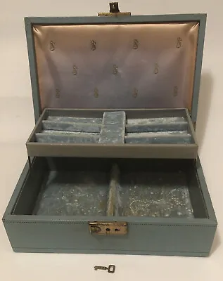 Mele Jewelry Box Aqua Blue Velvet Interior Vintage Gold Accents + Key 10x7x3  • $25.95