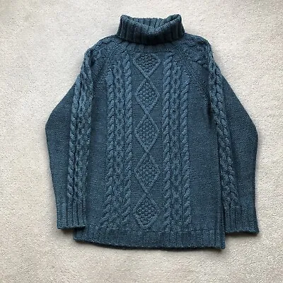 Woolovers Mens Pure Wool Aran Cable Knit Roll Neck Jumper Sweater Green Size S • £40