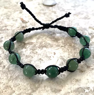 10mm Genuine Green Adventurine Gemstone Beaded Adjustable Macrame Boho Bracelet • $13.47