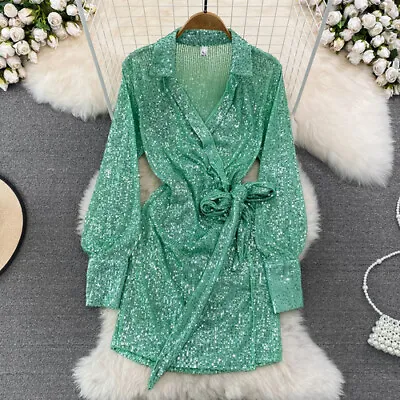 Fashion Lady Glitter Dress Sequins V-neck Banquet Party Clubwear Cocktail Solid • $63.06