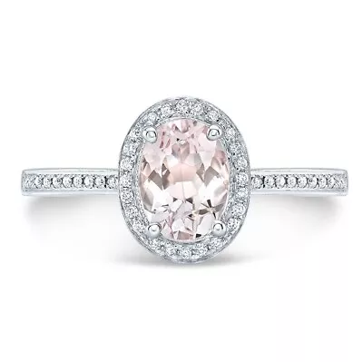 14K White Gold Diamond Morganite Solitaire Ring Oval Halo Natural 1.57 CTW • $1490