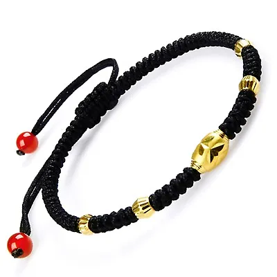 999 Pure 24K Yellow Gold Bracelet Women Long Bead Black String Cord Bracelet • £78.52