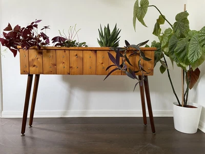 £35 • Buy 70s Pine Wooden Plant Stand Trough Planter With Teak Legs Retro Mid Century