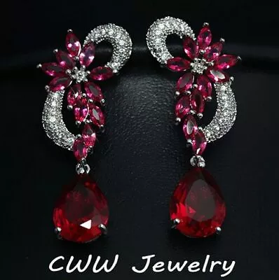 Elegant Cubic Zirconia Pave Bridal Long Red Crystal Stones Earrings For Wedding • $21