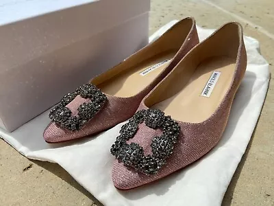 Manolo Blahnik Hangisi Jeweled Pointy Toe Flat Champagne Fabric Pink 36.5 • $550