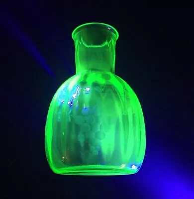 Vintage Green URANIUM Glass Vase Etched Grapes Vaseline Depression Ribbed 5.75  • $27.95