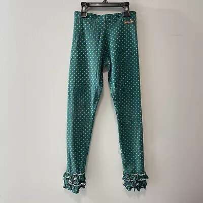 Matilda Jane Size 10 Legging Pant Ruffle Cuffs Teal Polka Dots Girls Stretch • $12.99