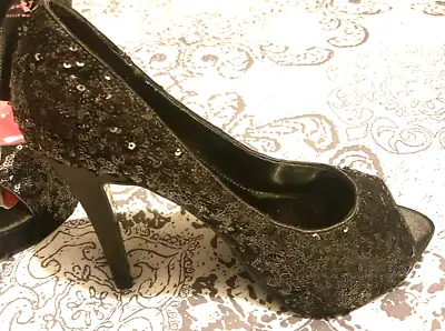 Holly Willoughby Black Sequin Peep Toe Stiletto Heel Shoes [UK 3] • £9.99