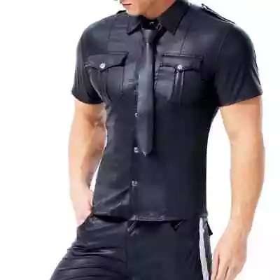 Men's PU T-shirt Tie Button Down Collar Short Sleeved Latex Top Street Top • £60.59