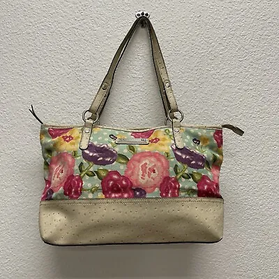 Kim Rogers Purse Handbag Floral Canvas Faux Ostrich Flowers Bag Full Zip • $16.95