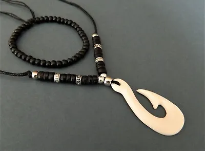 Mens Necklace Bone Maori Style Fish Hook Pendant New Boys Gift Surfer Tribal • £9.99