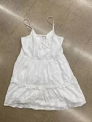 Mi Ami White Strappy Cotton Summer Dress Size Medium Lace Ruffles Adjustable • $30