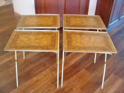 4 - 1960's Vintage Mid-Century Modern LaVada Faux Wood TV Trays Gold/Floral • $129.95