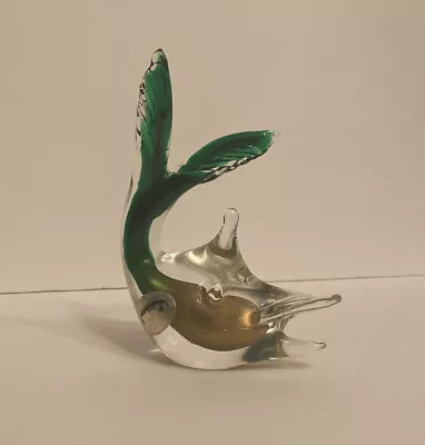 Handmade Venetian Murano Glass Fish Figurine Clear Over Gold & Green • $30