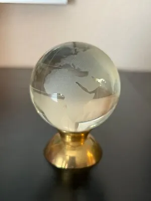 VINTAGE MINIATURE DESKTOP GLOBE - ETCHED GLASS AND BRASS PAPERWEIGHT 3.25” Tall • $12.99