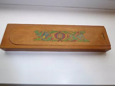 £15 • Buy Vintage Wooden Pencil Box, Painted Design, Sliding Lid