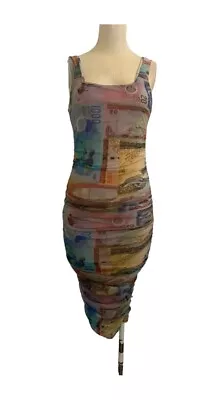 FUZZI Money Print Ruched Body-Con Dress Stretchy 90’S Style Sz. Medium • $99.95