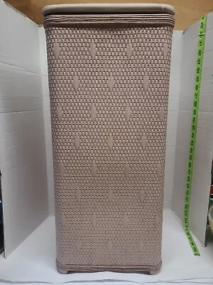 Vtg 50s? Pink Woven Wicker Texture Clothes Hamper Mcm Padded Lid EUC • $25